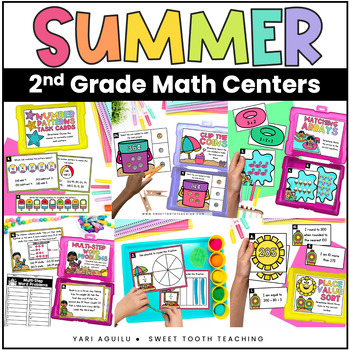 Preview of 2nd Grade Summer Math Centers | Fractions, Place Value, Arrays, Word Problems