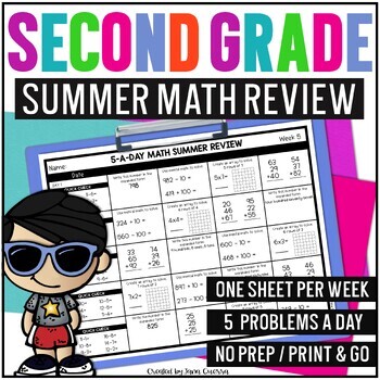 Preview of 2nd Grade Summer End of Year Math Review Packet | Summer School Math Activities