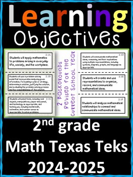 2nd Grade Texas TEKS Math Learning Objectives Cards | Color & B&W Copy
