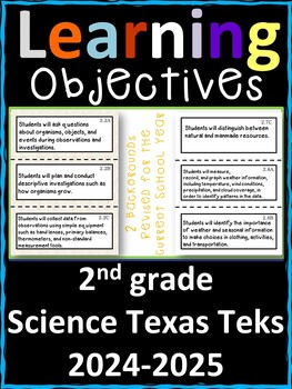 Preview of 2nd Grade Texas TEKS Science Learning Objectives Cards | Color & B&W