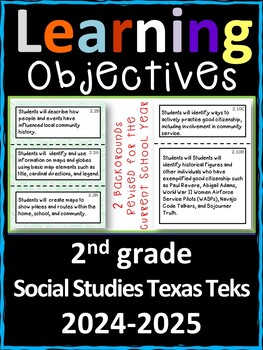 Preview of 2nd Grade Texas TEKS Social Studies Learning Objectives Cards | Color & B&W
