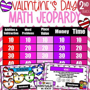 Preview of 2nd Grade Valentine's Day Math Jeopardy Review Game [EDITABLE]