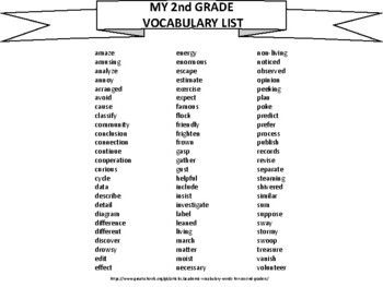 Preview of 2nd Grade Vocabulary List from Great Schools with Activities and Reading Lessons