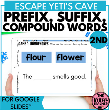 Preview of Root Words Prefixes and Suffixes Winter Escape Room Activity Google Slides™