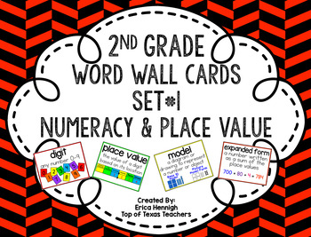 Preview of 2nd Grade Vocabulary Word Wall Cards Set 1:  Numeracy and Place Value TEKS