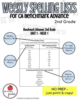 Preview of 2nd Grade - Weekly Spelling Lists - aligned with CA Benchmark Advance