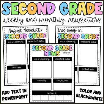 Preview of 2nd Grade Weekly and Monthly Editable Newsletter Template -Colorful Second Grade