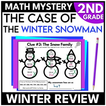 Preview of 2nd Grade Winter Math Mystery Snowman Escape Room Snow Day Activities Second