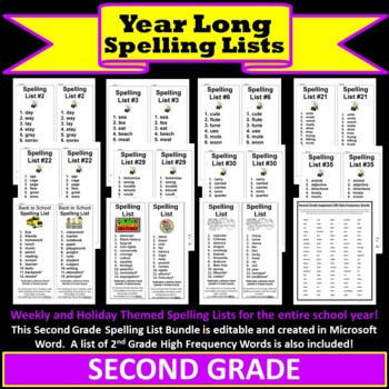 Preview of 2nd Grade Year Long Weekly Spelling Lists (Editable)
