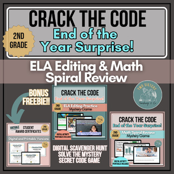 Preview of 2nd Grade editing practice and Math Review Summer Crack the Code Game EOY Bundle