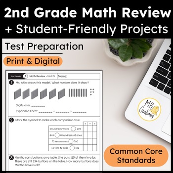 Preview of 2nd Grade End of the Year Math Review iReady Test Prep Worksheets/Project/Slides