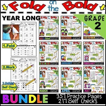 Preview of 2nd Grade l Fold on the Bold- Self Checking Math & ELA Bundle Pack l Whole Year