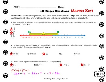 2nd Week of School: 7th Grade Math Bell Ringer Worksheets | TpT