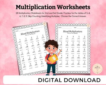 Preview of 2nd and 3rd Grade Multiplication Worksheets, Tables of 3, 4, 6, 7, 8, and 9