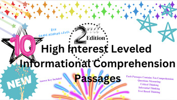 Preview of 2nd edition- 10 High Interest 8th Grade Information Passages w/Leveled Questions