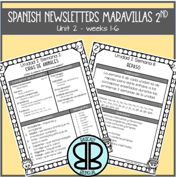 Preview of 2nd grade MARAVILLAS 2020 aligned newsletters SPANISH - Unit 2 weeks 1-6