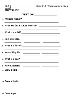 Preview of 2nd grade NG Science - Matter (Ch 1)  Solid Liquid & Gas Study Guide & Test word