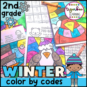 Preview of Winter math color by code worksheets: 2nd grade