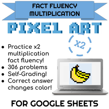 Preview of 2x Multiplication Bananas Pixel Art | Distance Learning Math Fact Fluency