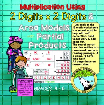 Preview of 2x2 Digit Multiplication, Area Model & Partial Products|Mystery Vocab.