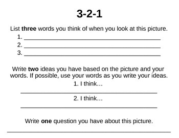 Preview of 3-2-1 / 3 Words, 2 Ideas, 1 Question / Common Core Questions