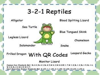 Preview of 3-2-1 Reptiles With QR Codes (Common Core Aligned)
