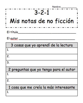 Preview of 3-2-1 Spanish Nonfiction Post Reading Activity