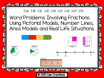Preview of 3.3A-3.3H, 3.7A  Fraction Word Problems Using Models, Number Lines and Real Life