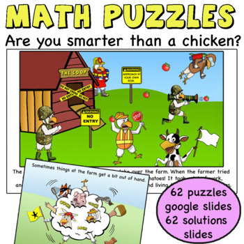 Preview of 3,4,5,6 Math Puzzles chickens brainteasers warm ups centers  digital challenge