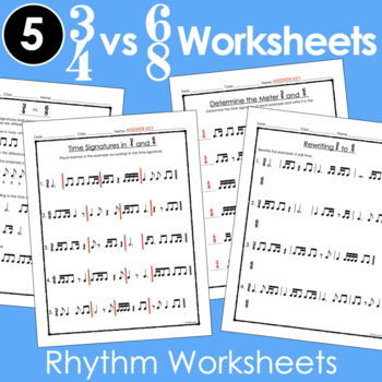 Preview of 3/4 vs. 6/8 Rhythm Worksheets - Simple vs Compound meter