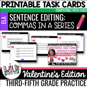 Preview of 3-5 ELA: Valentine's Themed Commas in a Series PRINTABLE TASK CARDS