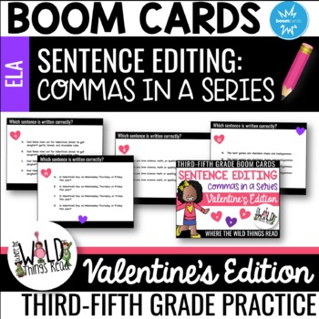 Preview of 3-5 ELA: Valentine's Themed Commas in a Series Task Cards for BOOM CARDS