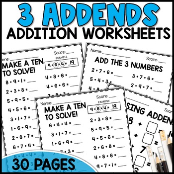 Preview of Adding 3 Numbers, Missing Addends, Make a Ten Worksheets 1st Grade Math Review