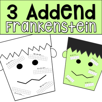 Preview of 3 Addend Frankenstein- Halloween Math Craftivity and Worksheets
