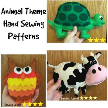 Preview of 3 Animal Felt Hand Sewing Patterns Bundle- Cow, Turtle, Owl
