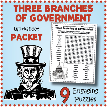 Preview of 3 BRANCHES OF US GOVERNMENT Worksheet Activities: Word Search, Crossword, & More