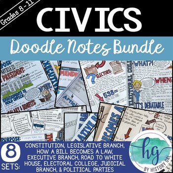 Preview of 3 Branches of Goverment & Constitution Civics or Government Doodle Notes  Bundle