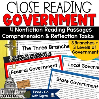 Preview of 3 Branches of Government Activity Reading Passages Worksheets 