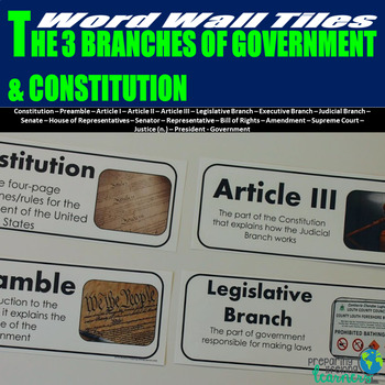 Preview of 3 Branches of Government & Constitution Word Wall Tiles