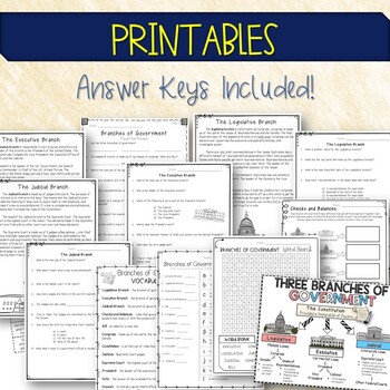 3 Branches of Government Pack Interactive Notebooks, PowerPoint, Printables