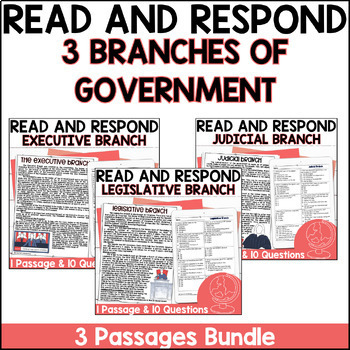 Preview of 3 Branches of Government Reading Passage Comprehension Questions 5th Grade