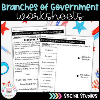 Preview of 3 Branches of Government Worksheets | Special Education #SummerWTS