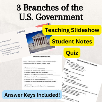 Preview of 3 Branches of U.S. Government Slideshow Presentation, Student Notes, & Quiz