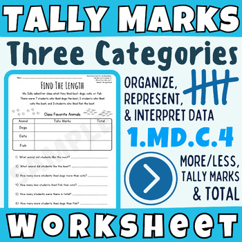 Preview of 3 Categories: Tally Marks w/ Math Word Problem (Total, How Many More/Less, Data)