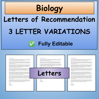 Preview of 3 College Letters of Recommendation for Biology (Academic, Honors, or AP)