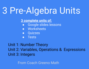 Preview of 3 Complete Pre-Algebra Units! 21 Google Slide Lessons for your pre-algebra class