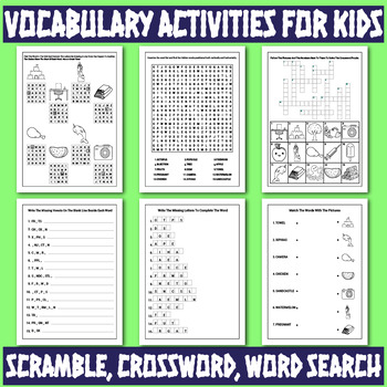 Preview of Crossword, Word Search, Scramble, Missing Letters, Vocabulary Activities for Kid