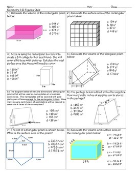 volume surface area cross sections quiz 7th grade geometry by math