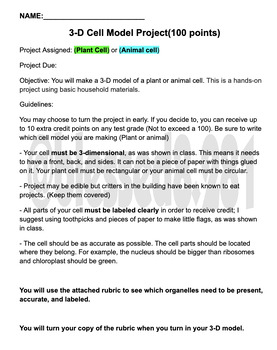 Preview of 3-D Plant or Animal Cell Project (Parent letter, directions and rubrics)