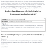 3 Day PBL Endangered Species of PNW project: rubric, hando